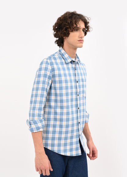 Indigo-Dyed 100% Cotton Check Shirt White