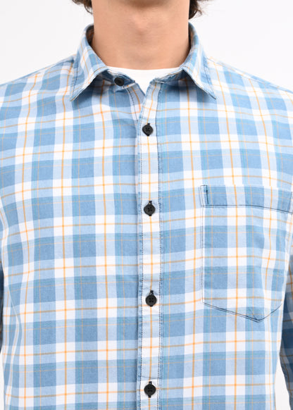 Indigo-Dyed 100% Cotton Check Shirt White