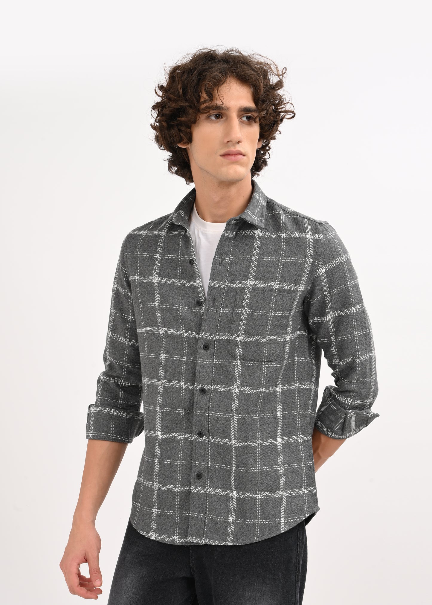 Check Shirt in Poly Cotton Dk Grey