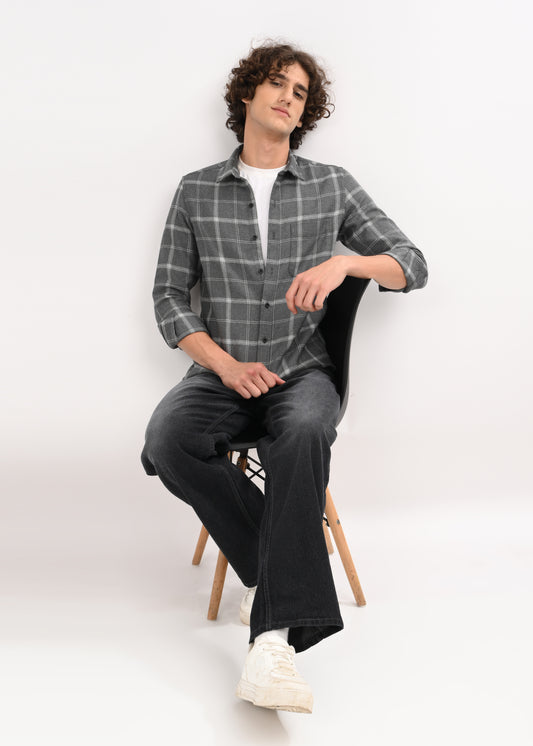 Check Shirt in Poly Cotton Dk Grey