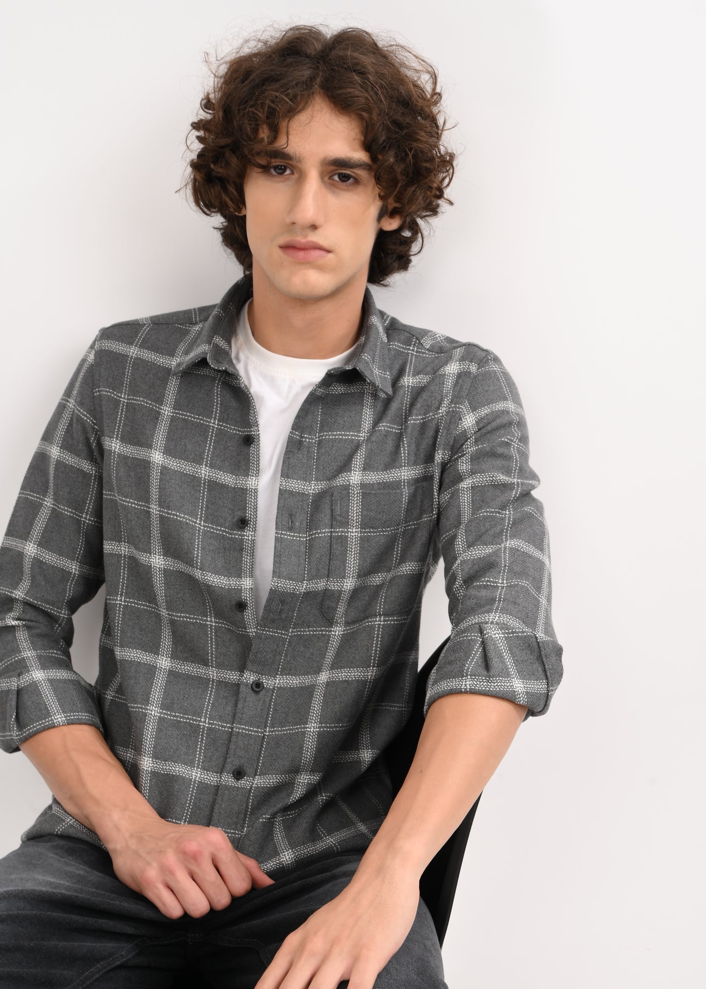 Check Shirt in Poly Cotton Dk Grey