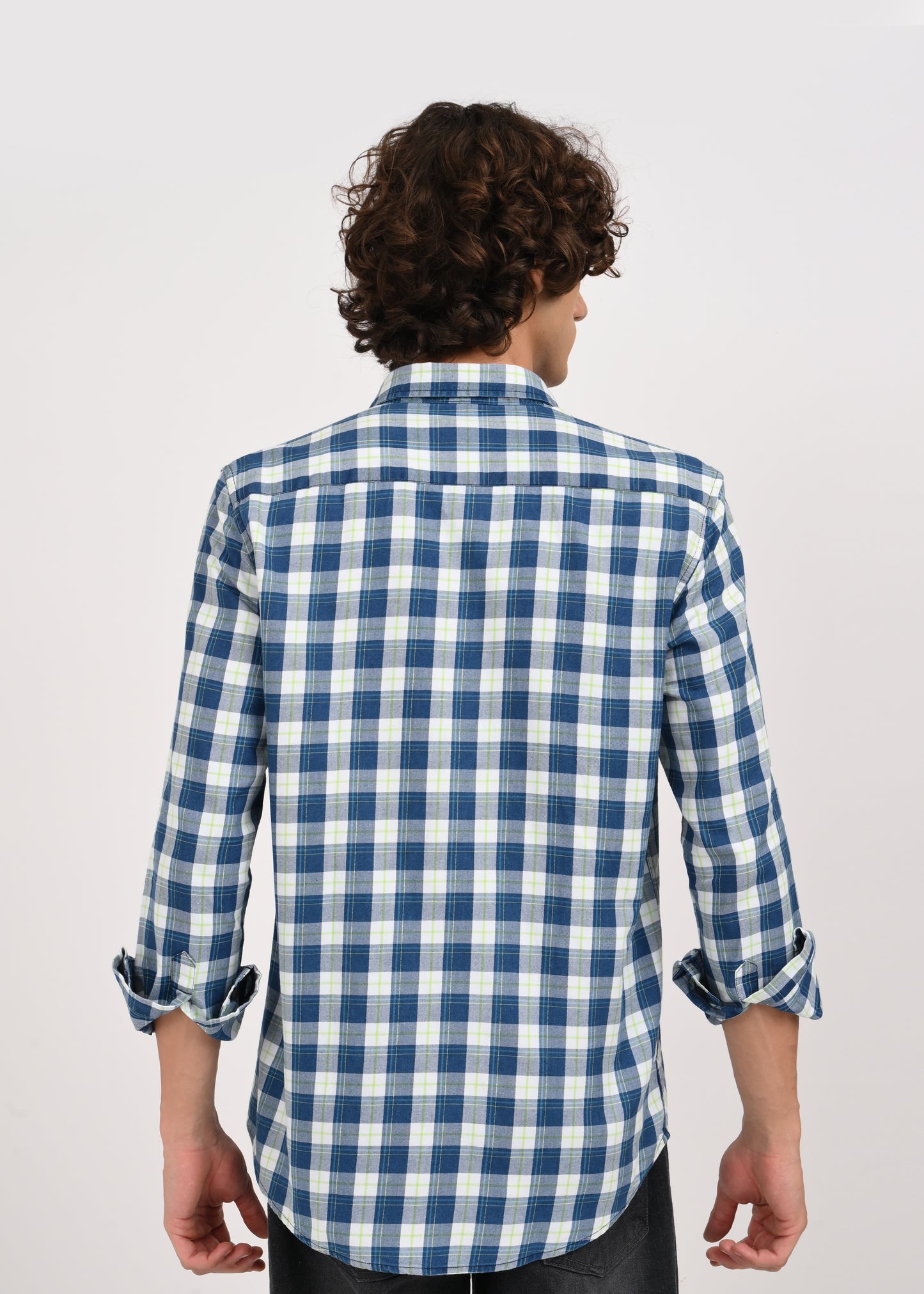 Indigo-Dyed 100% Cotton Check Shirt Navy