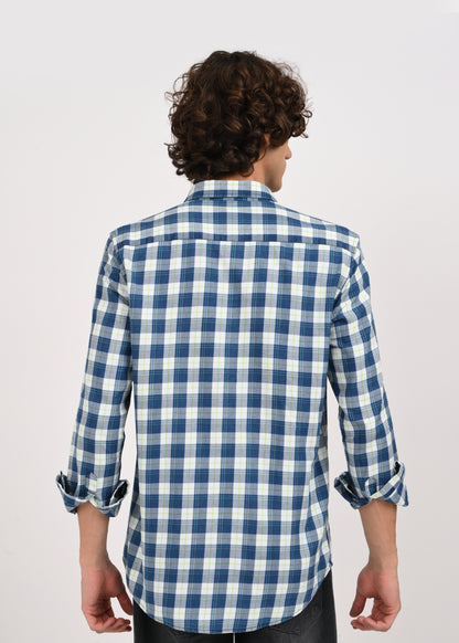 Indigo-Dyed 100% Cotton Check Shirt Navy