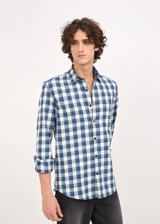 Indigo-Dyed 100% Cotton Check Shirt Navy