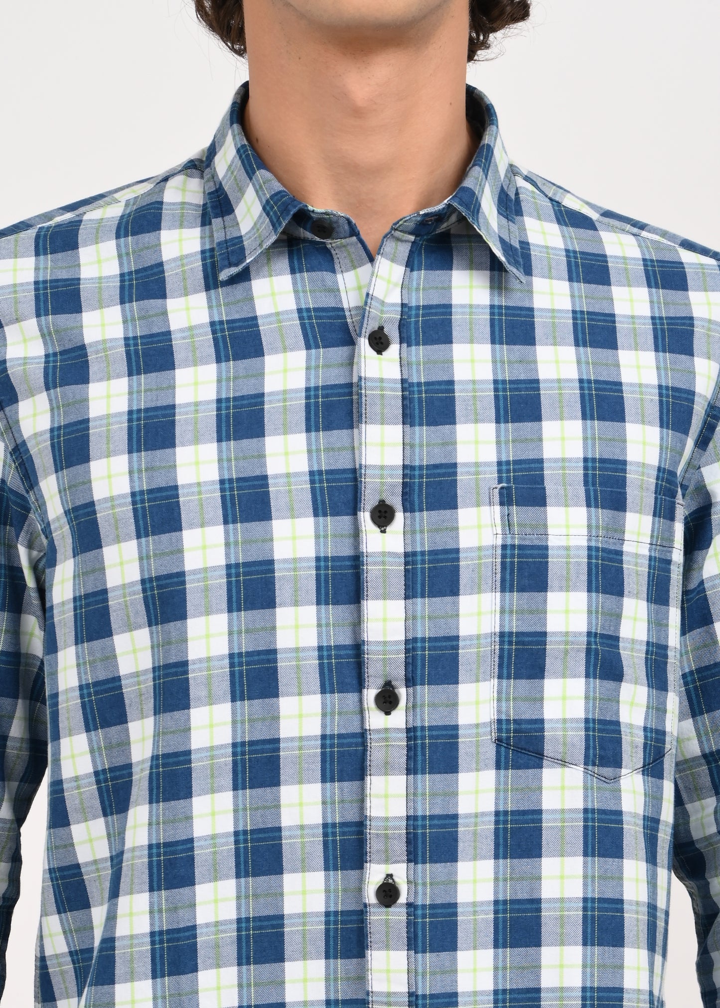 Indigo-Dyed 100% Cotton Check Shirt Navy