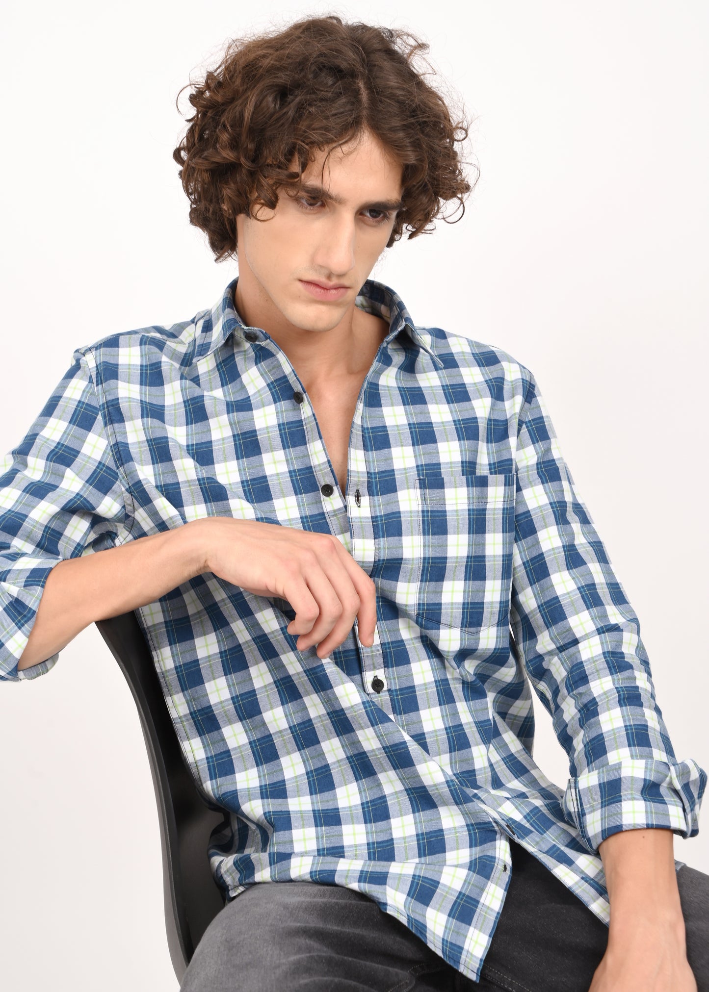 Indigo-Dyed 100% Cotton Check Shirt Navy