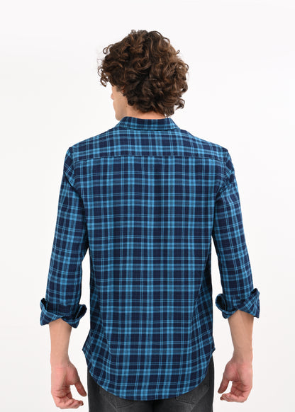 Indigo-Dyed 100% Cotton Check Shirt Blue