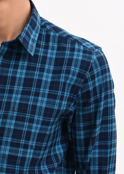 Indigo-Dyed 100% Cotton Check Shirt Blue
