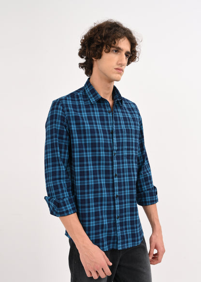 Indigo-Dyed 100% Cotton Check Shirt Blue