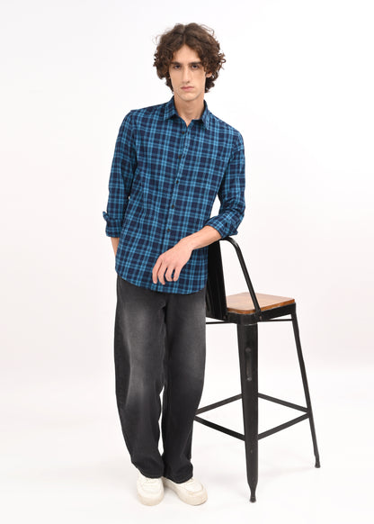 Indigo-Dyed 100% Cotton Check Shirt Blue