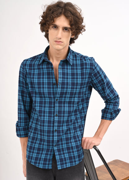Indigo-Dyed 100% Cotton Check Shirt Blue