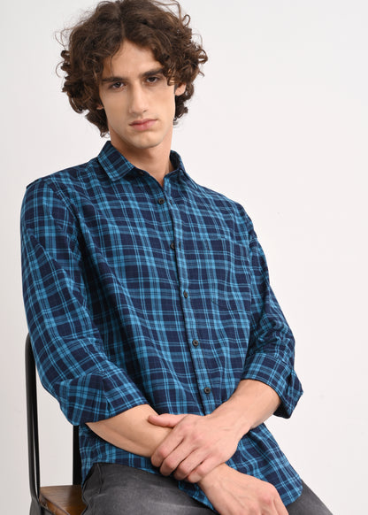 Indigo-Dyed 100% Cotton Check Shirt Blue