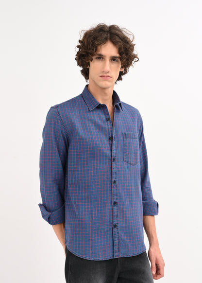 Indigo-Dyed 100% Cotton Check Shirt Navy