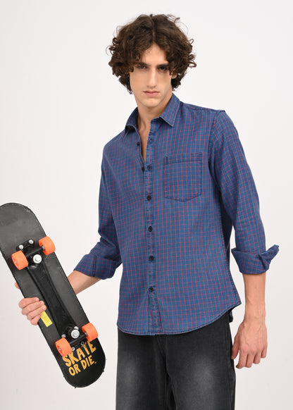 Indigo-Dyed 100% Cotton Check Shirt Navy