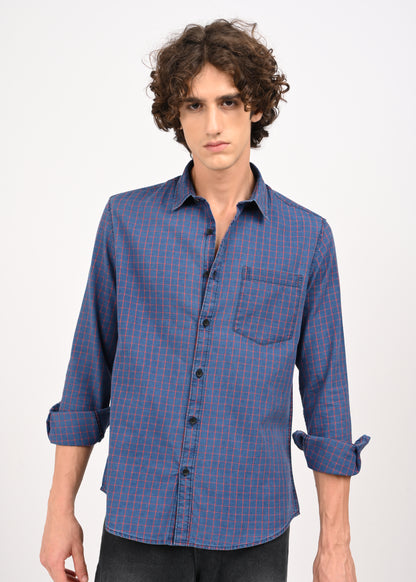 Indigo-Dyed 100% Cotton Check Shirt Navy