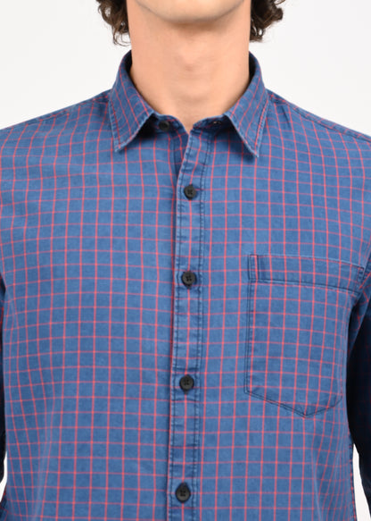 Indigo-Dyed 100% Cotton Check Shirt Navy