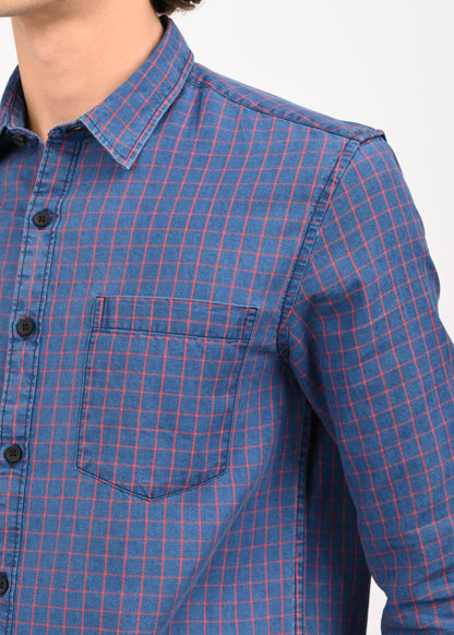 Indigo-Dyed 100% Cotton Check Shirt Navy
