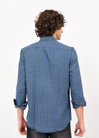 Indigo-Dyed 100% Cotton Check Shirt Yellow