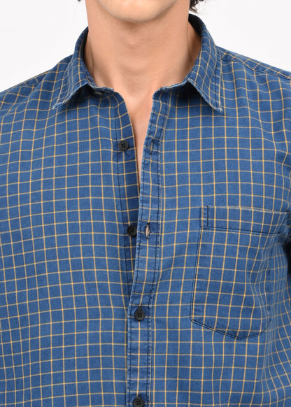 Indigo-Dyed 100% Cotton Check Shirt Yellow