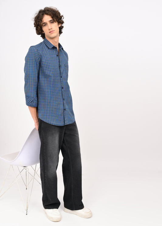 Indigo-Dyed 100% Cotton Check Shirt Yellow