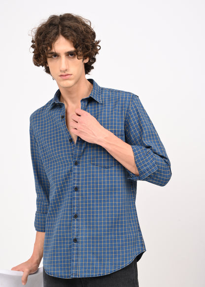 Indigo-Dyed 100% Cotton Check Shirt Yellow