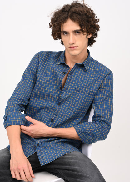 Indigo-Dyed 100% Cotton Check Shirt Yellow