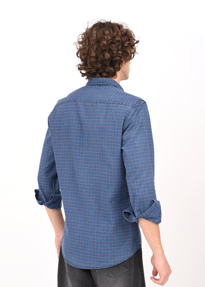 Indigo-Dyed 100% Cotton Check Shirt Navy