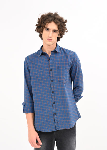 Indigo-Dyed 100% Cotton Check Shirt Navy