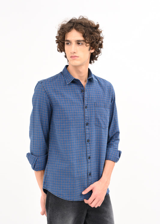 Indigo-Dyed 100% Cotton Check Shirt Navy