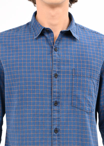 Indigo-Dyed 100% Cotton Check Shirt Navy