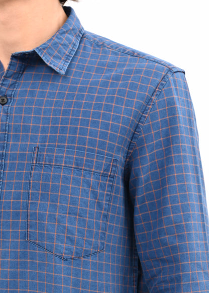 Indigo-Dyed 100% Cotton Check Shirt Navy
