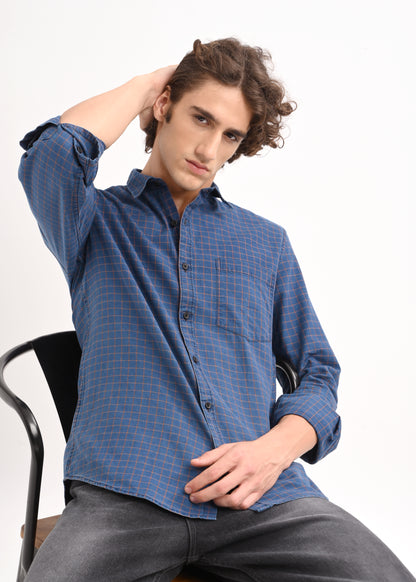 Indigo-Dyed 100% Cotton Check Shirt Navy