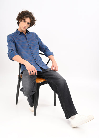 Indigo-Dyed 100% Cotton Check Shirt Navy