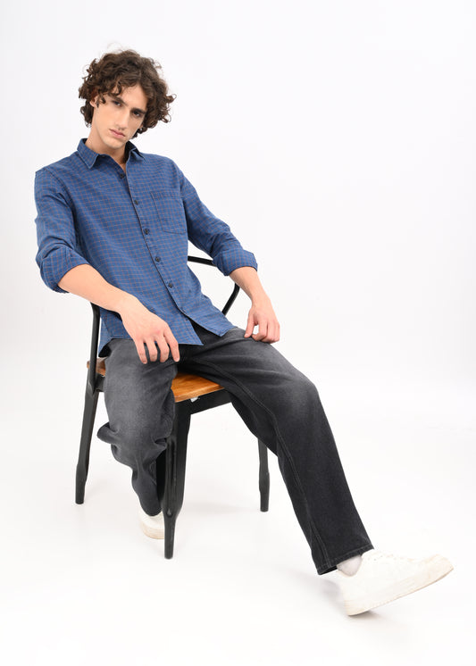 Indigo-Dyed 100% Cotton Check Shirt Navy