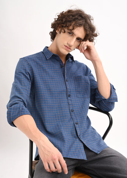 Indigo-Dyed 100% Cotton Check Shirt Navy