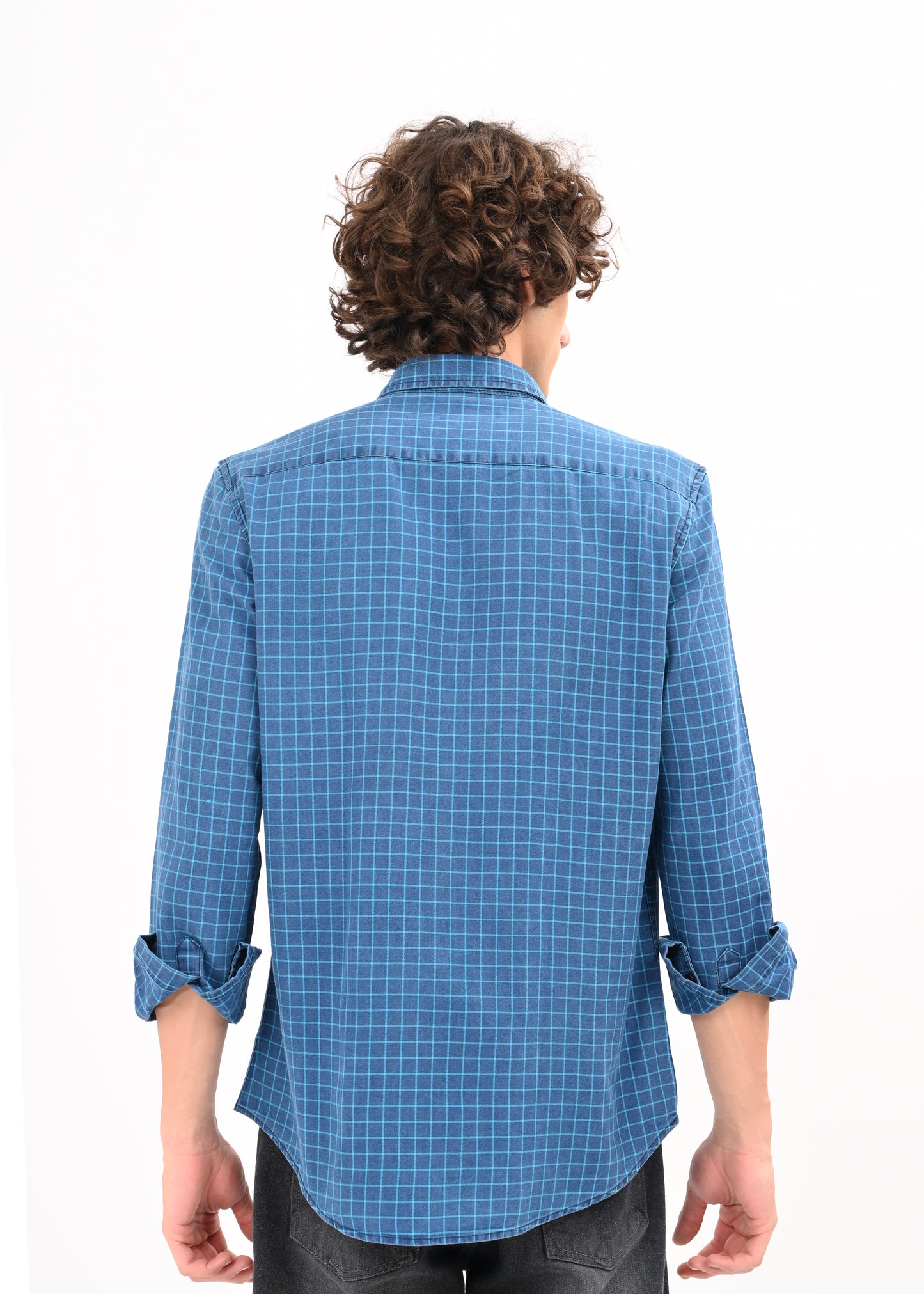 Indigo-Dyed 100% Cotton Check Shirt Sky Blue