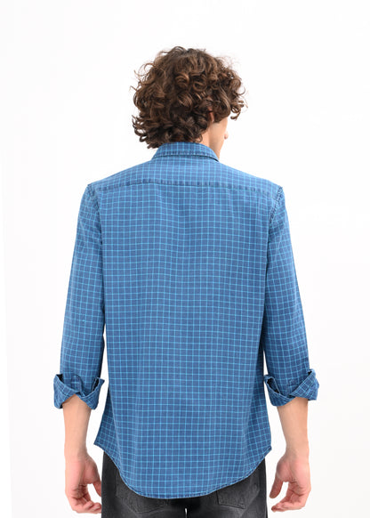 Indigo-Dyed 100% Cotton Check Shirt Sky Blue