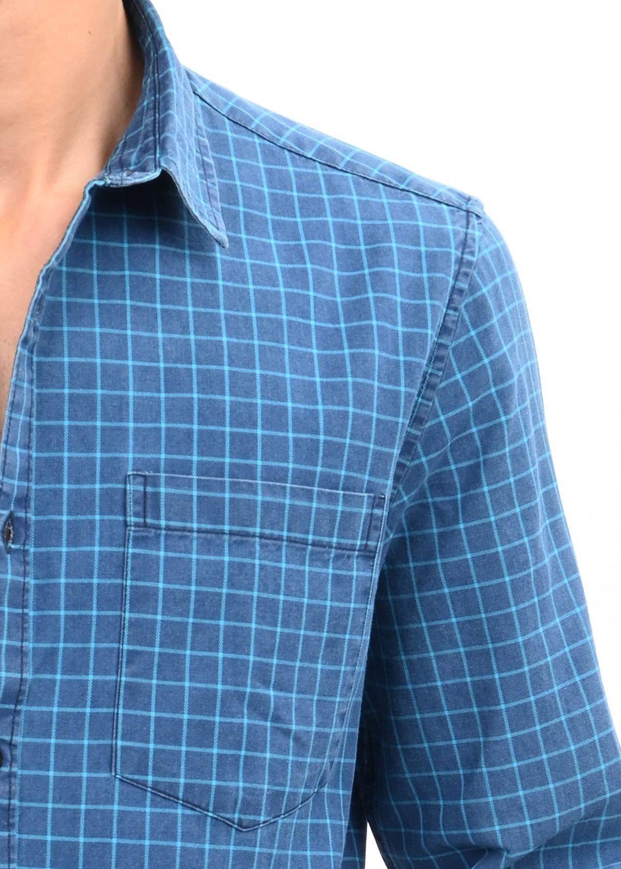 Indigo-Dyed 100% Cotton Check Shirt Sky Blue