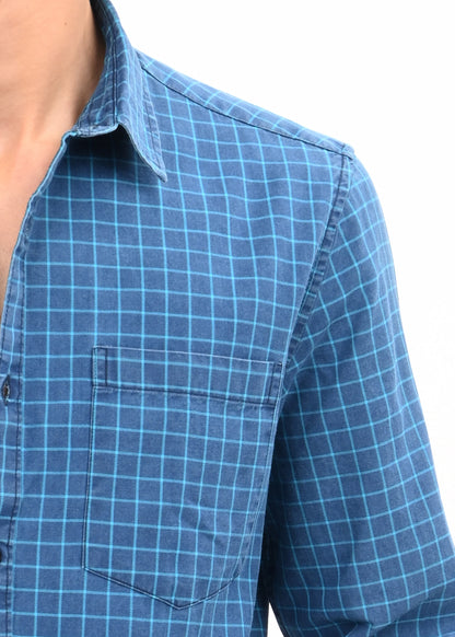 Indigo-Dyed 100% Cotton Check Shirt Sky Blue