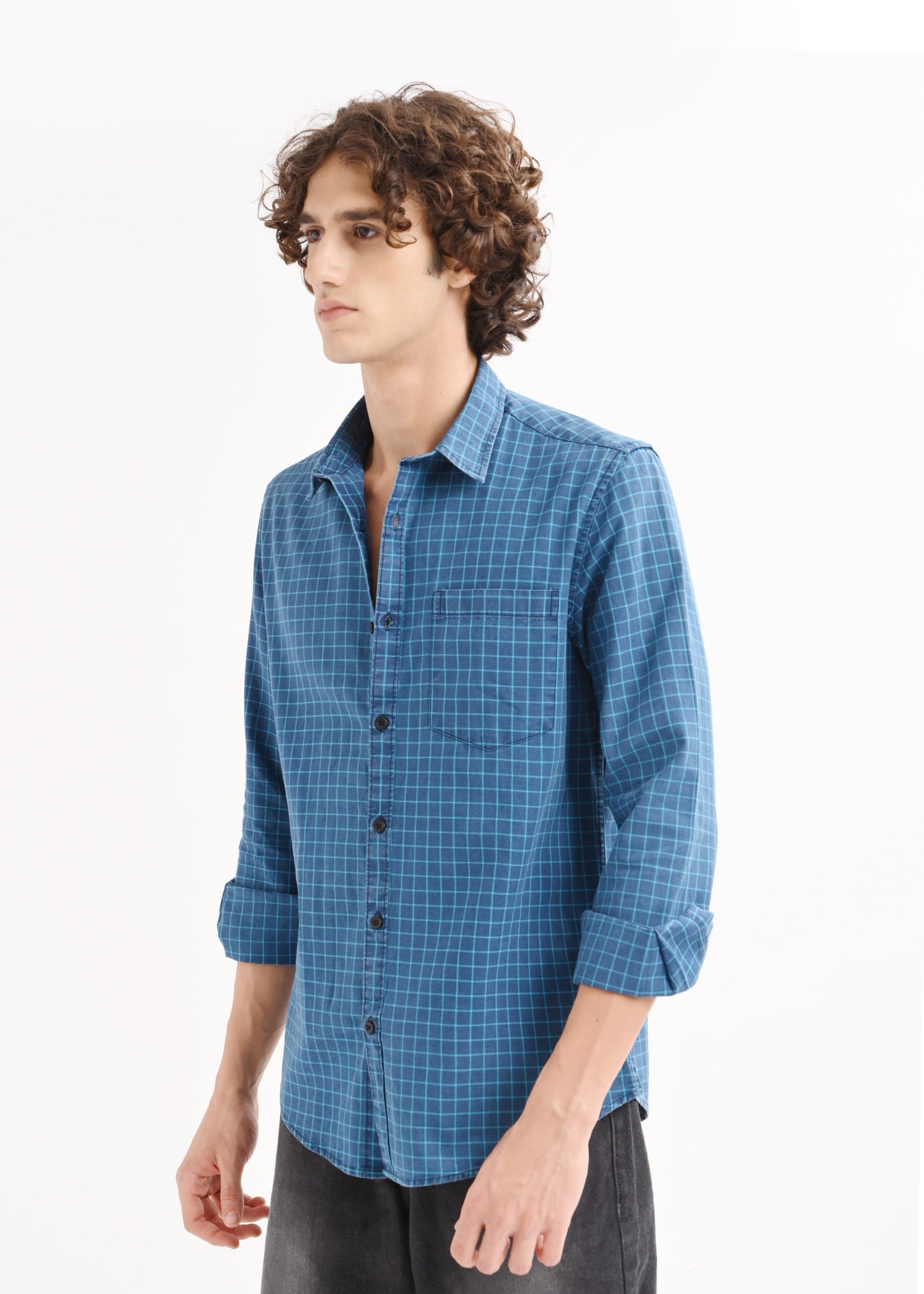 Indigo-Dyed 100% Cotton Check Shirt Sky Blue