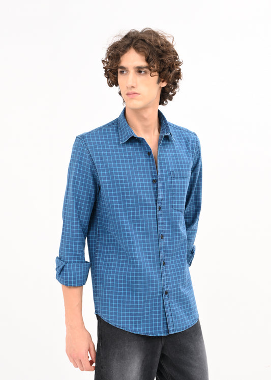Indigo-Dyed 100% Cotton Check Shirt Sky Blue