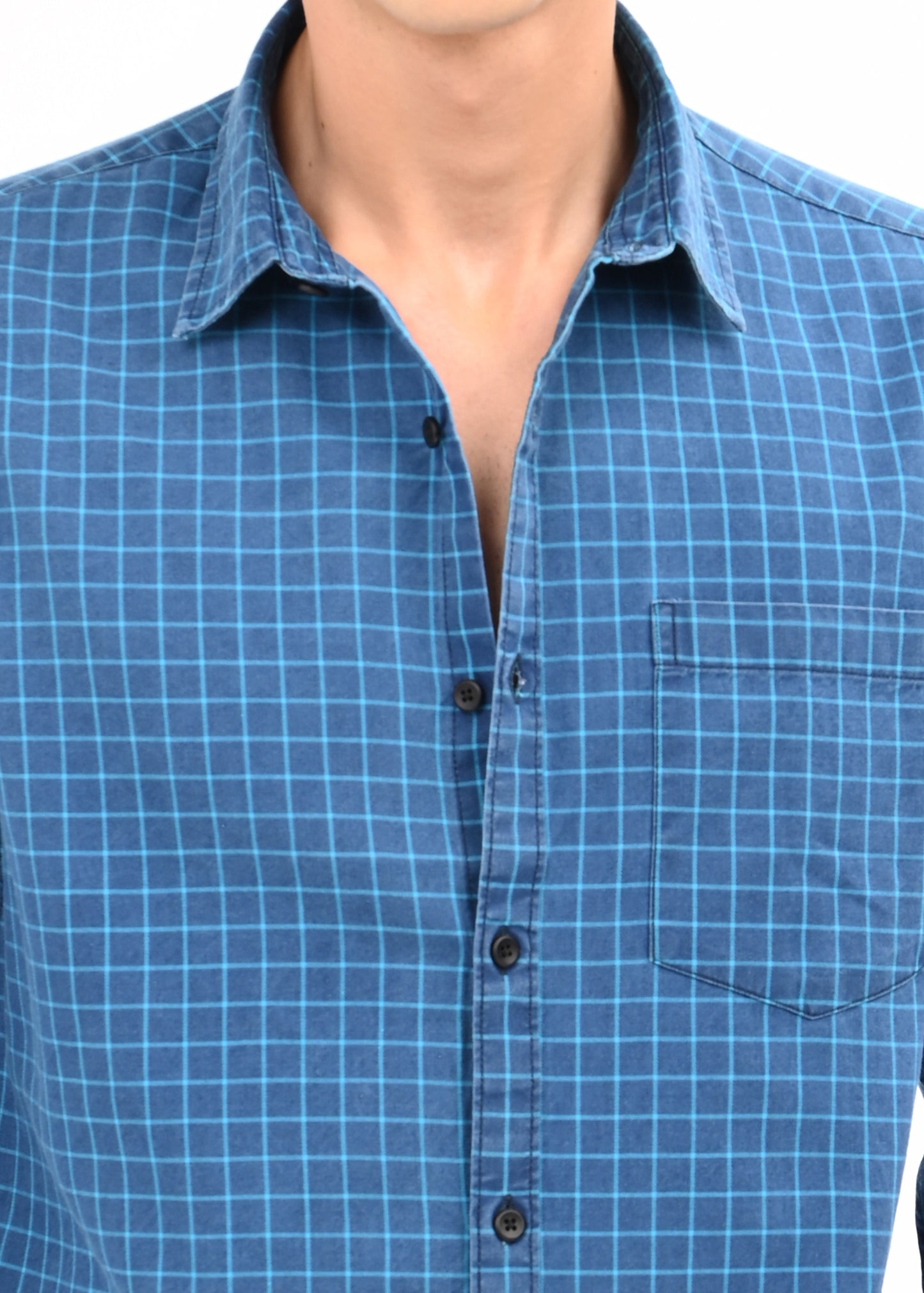 Indigo-Dyed 100% Cotton Check Shirt Sky Blue