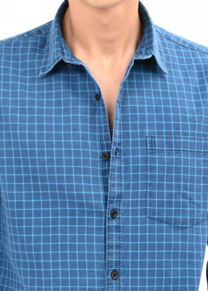 Indigo-Dyed 100% Cotton Check Shirt Sky Blue