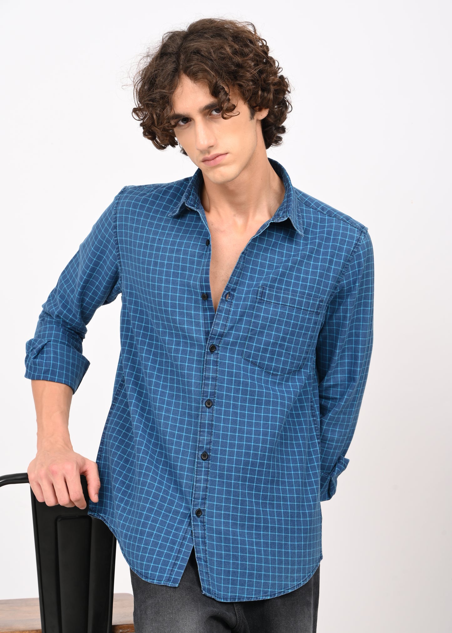 Indigo-Dyed 100% Cotton Check Shirt Sky Blue