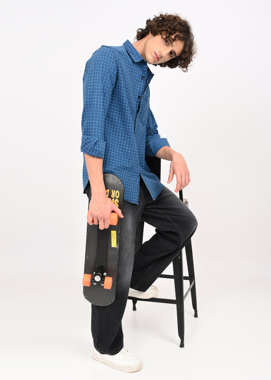 Indigo-Dyed 100% Cotton Check Shirt Sky Blue