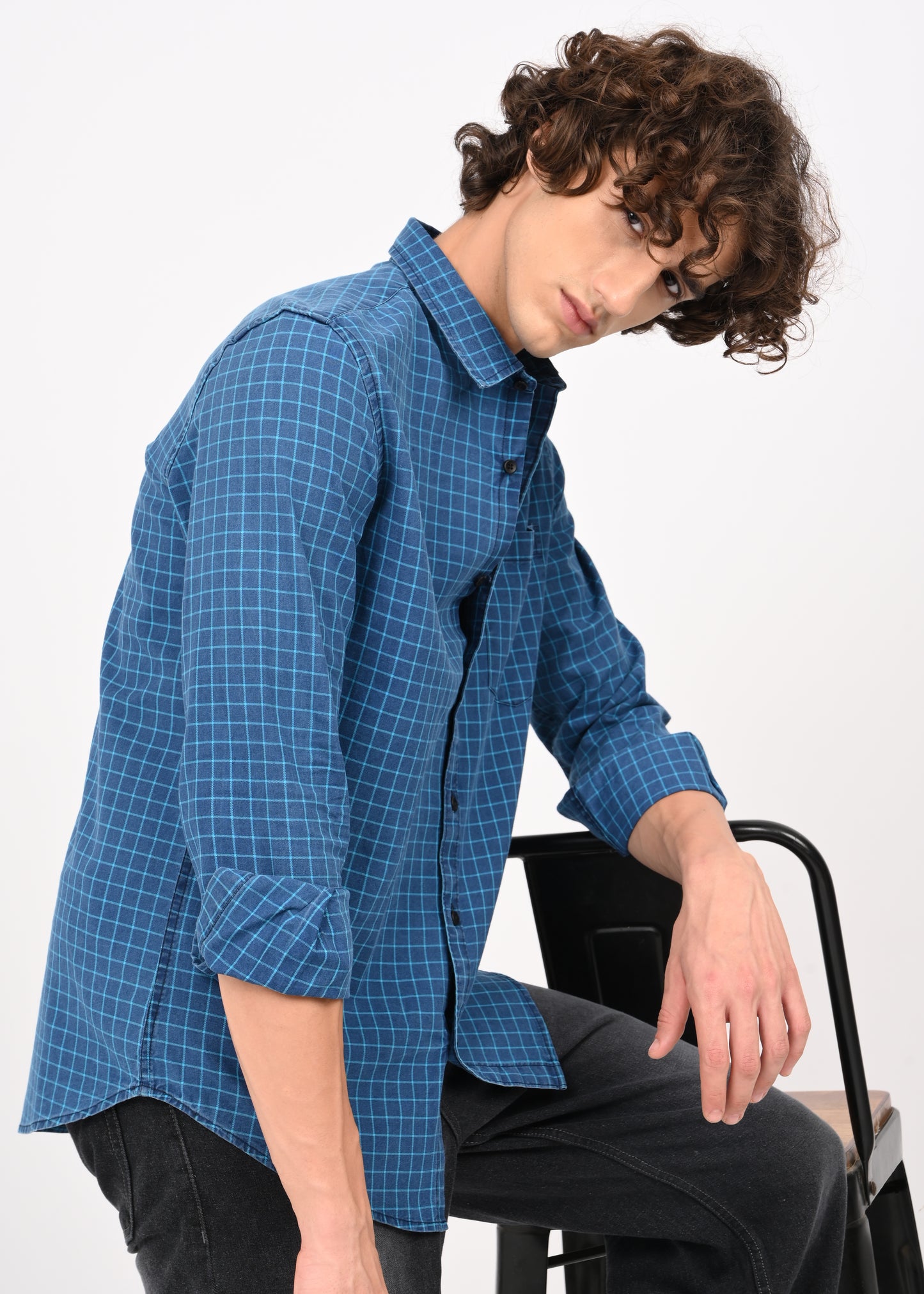 Indigo-Dyed 100% Cotton Check Shirt Sky Blue