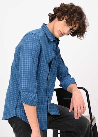 Indigo-Dyed 100% Cotton Check Shirt Sky Blue