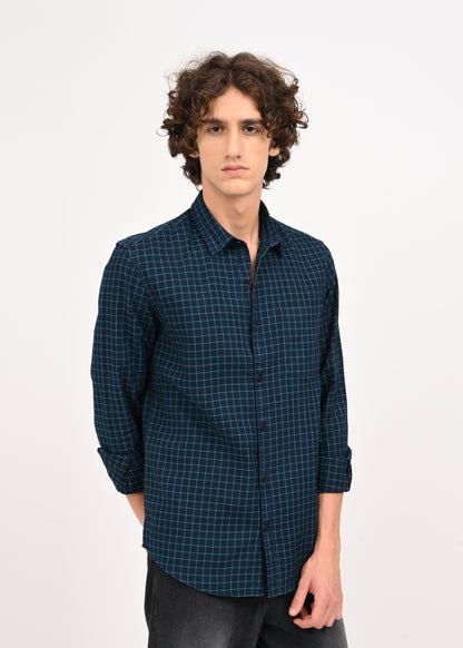 Indigo-Dyed 100% Cotton Check Shirt Lt Green
