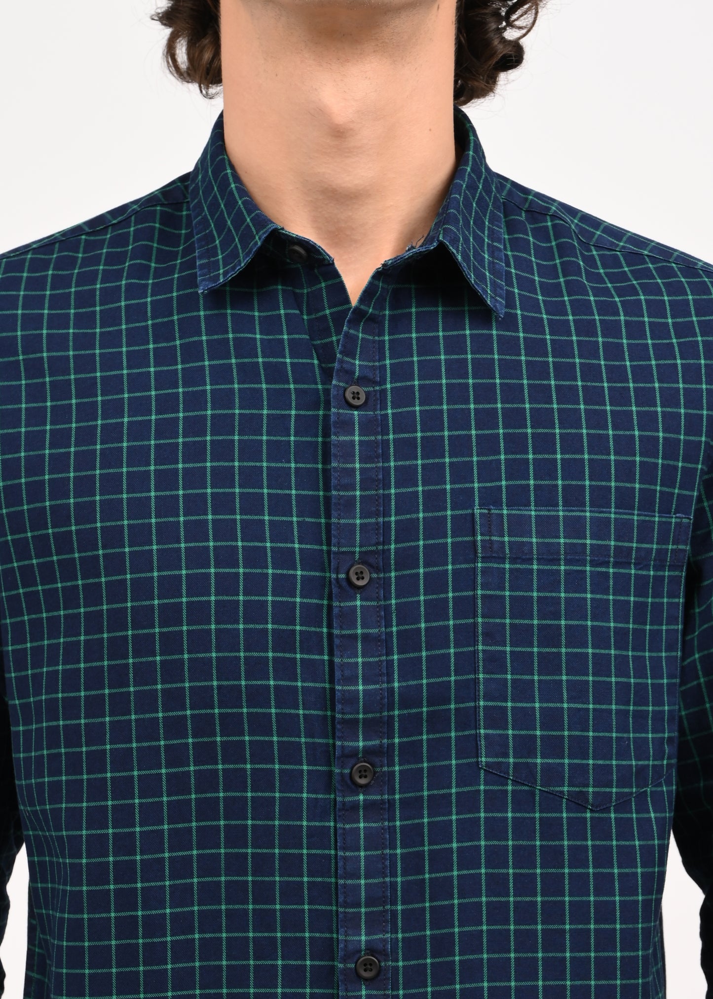 Indigo-Dyed 100% Cotton Check Shirt Lt Green