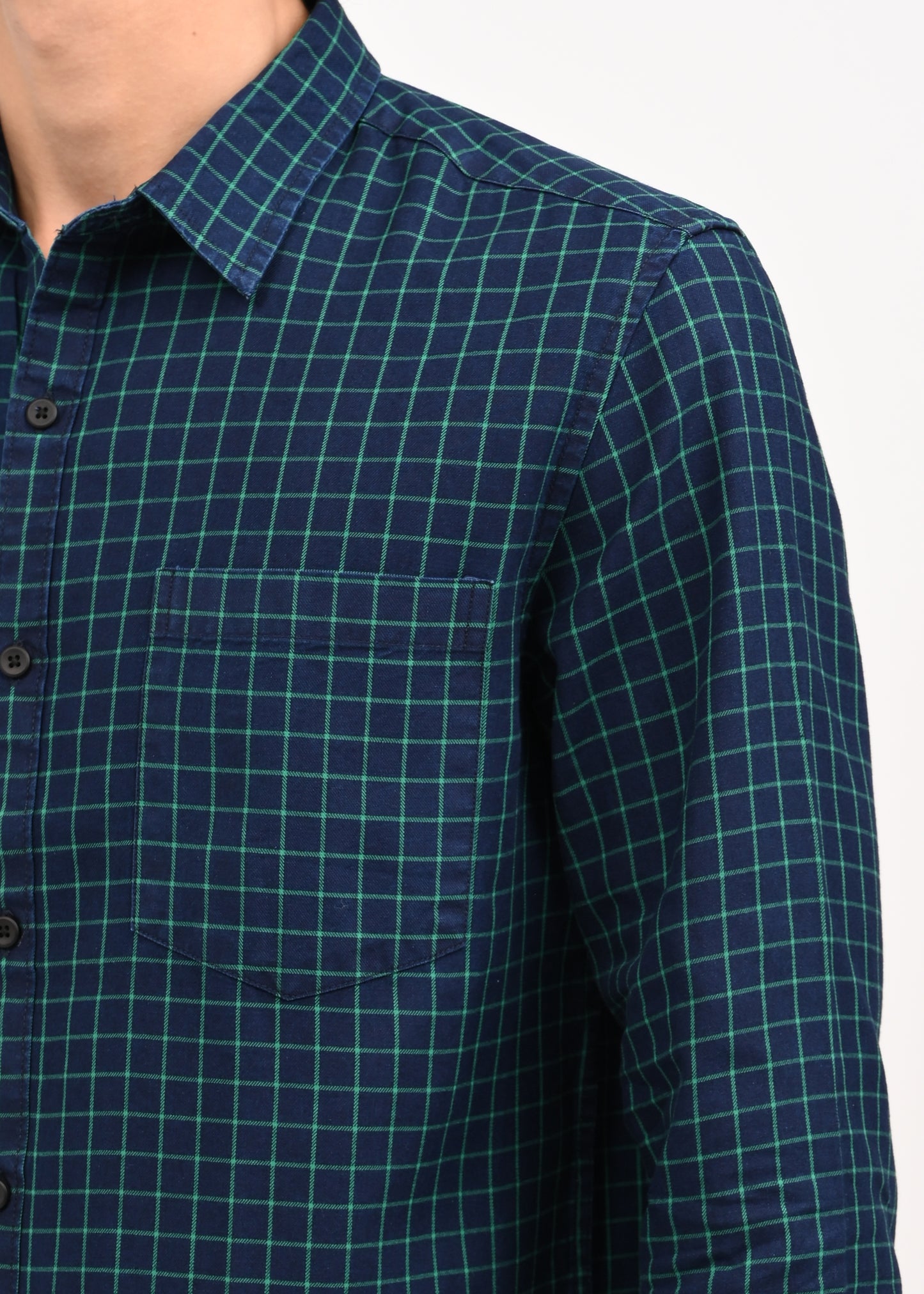 Indigo-Dyed 100% Cotton Check Shirt Lt Green
